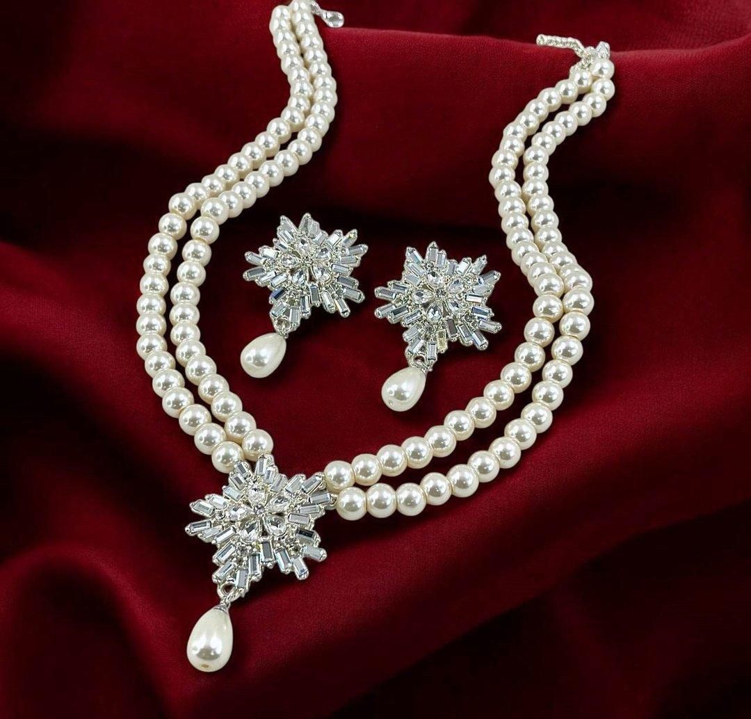 Silver Layered Pearl Mala Set