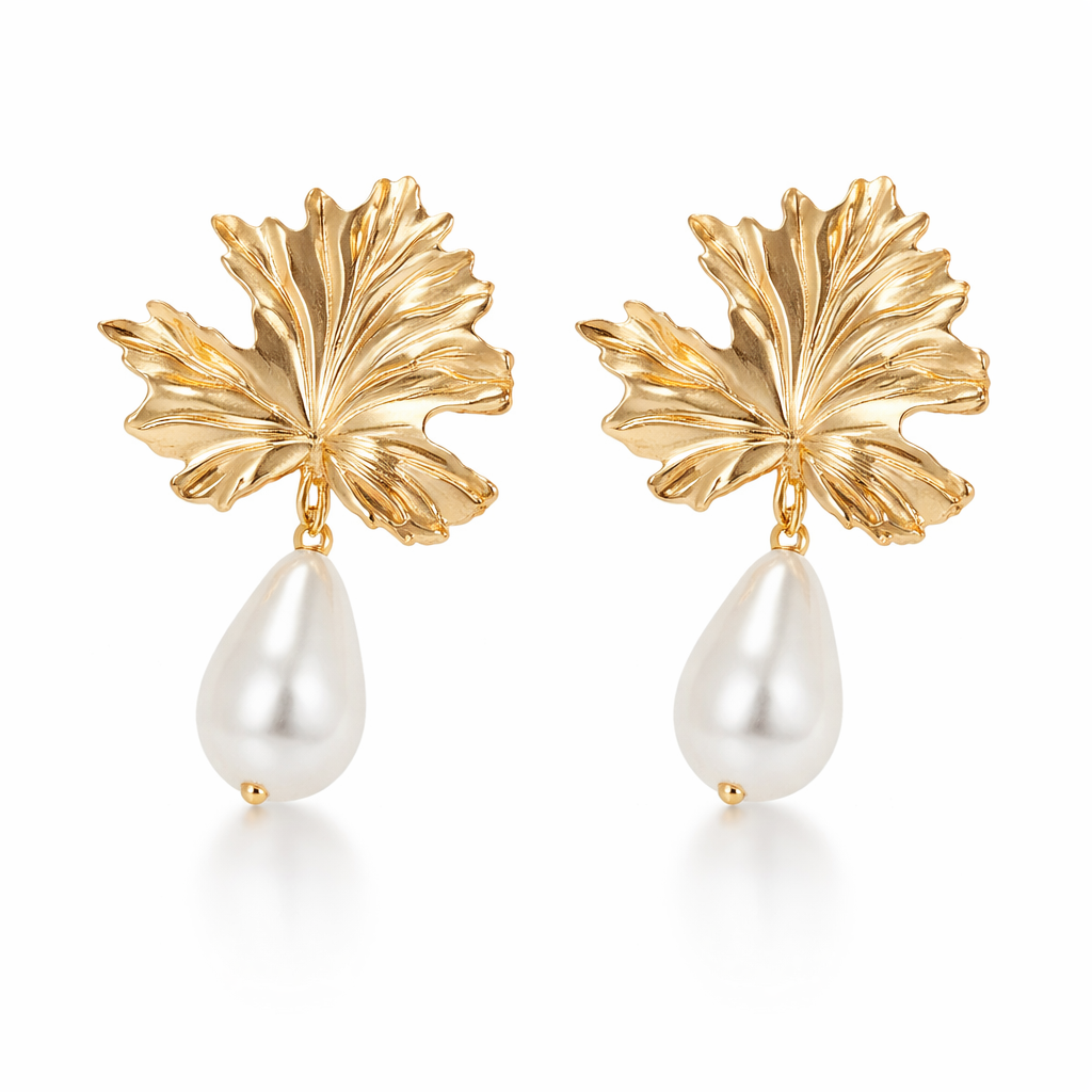 Golden Pearl Leaf Drop Earrings