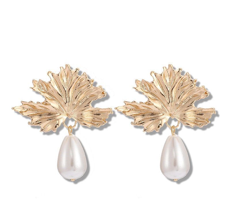 Golden Pearl Leaf Drop Earrings