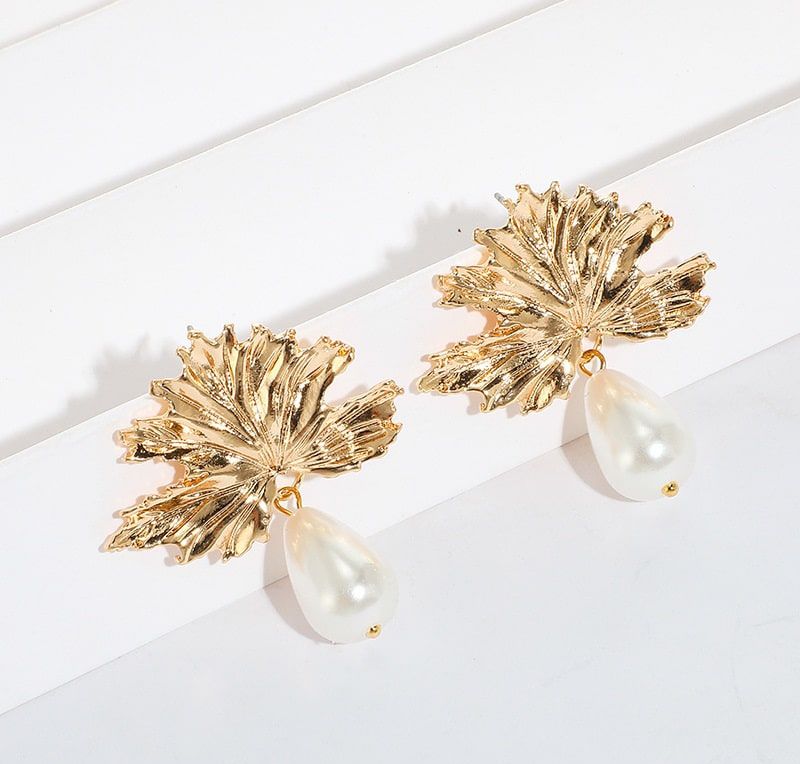 Golden Pearl Leaf Drop Earrings